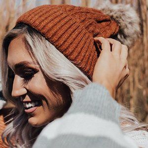 Brown Ribbed Knit Beanie with Pom